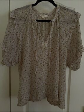 Women's Floral Ruffled Neck Blouse - Light Beige